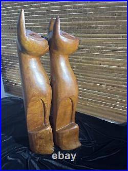 Rare Matching Pair Male/Female MCM Hand Carved Cat Sculptures Teak Wood 20 T