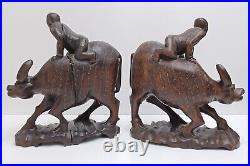 Rare Pair Antique Chinese Hand Carved Water Buffalo Lao Tzu and Sun Tzu riding
