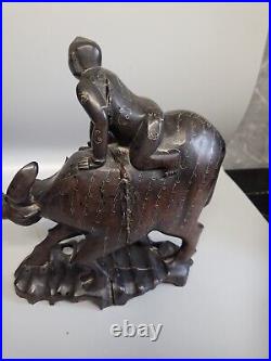 Rare Pair Antique Chinese Hand Carved Water Buffalo Lao Tzu and Sun Tzu riding