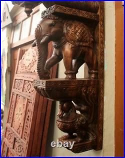 Set Of 2 Wood Elephant Wall Corbel with Peacock Pair Vintage Style Wall Brackets