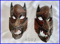 VTG Pair of Hand Carved Wood Tribal Masks, Possibly African Or Chinese. RARE