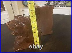 Vintage 8 Pair Heavy Solid Wood Carved Lion Head Bookends Library