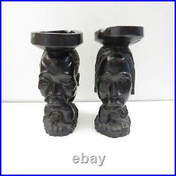Vintage A Pair Carved African Man & Woman Face Ebony Wood Ashtray