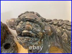 Vintage Chinese solid wood carved Foo Dogs pair, male & female
