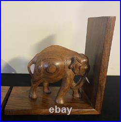 Vintage Hand Carved Wood Elephant Bookends with Tusks A Pair Made in India