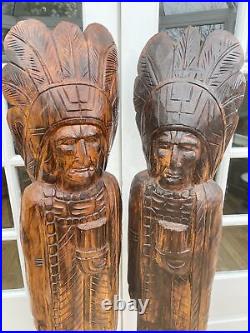 Vintage Hand Carved Wooden Red Indian Life Size Men Matching Pair Sculptures