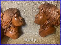 Vintage Hand carved Wood Tribal Ethnic Side Face Profile Pair Granada