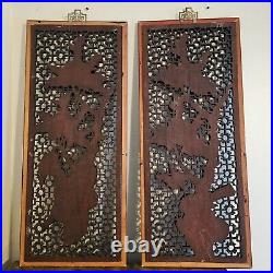 Vintage Large Hong Kong Gilted Antiqued Wood Carved Chinese Art Panel Pair