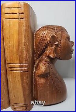 Vintage MALE FEMALE AFRICAN Couple BUST BOOKENDS Tribal Hand Carved Solid Wood