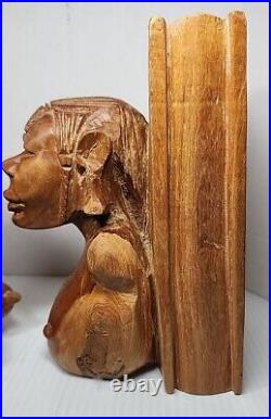 Vintage MALE FEMALE AFRICAN Couple BUST BOOKENDS Tribal Hand Carved Solid Wood