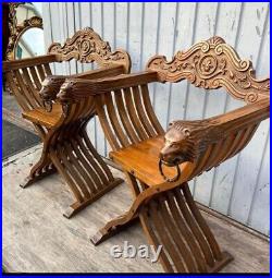 Vintage Pair Chair Savonarola Throne Chairs Carved Wood Folding italian 60s