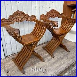 Vintage Pair Chair Savonarola Throne Chairs Carved Wood Folding italian 60s