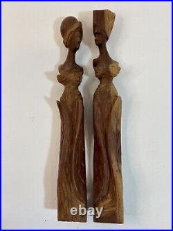 Vintage Pair Hand Carved African Woman Figurine Walnut Solid Wood 13.5 Rare