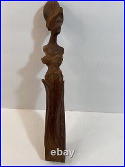 Vintage Pair Hand Carved African Woman Figurine Walnut Solid Wood 13.5 Rare