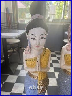 Vintage Pair Of Hand Carved & Painted Wooden Thai Sawasdee Lady's BEAUTIFUL