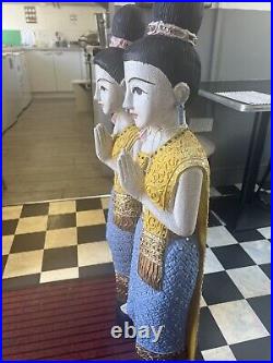 Vintage Pair Of Hand Carved & Painted Wooden Thai Sawasdee Lady's BEAUTIFUL