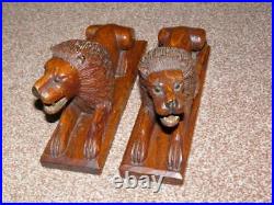 Vintage Pair Of Solid Wooden Hand Carved Lion Book Ends