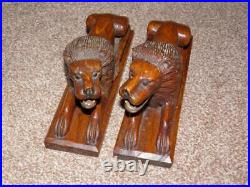 Vintage Pair Of Solid Wooden Hand Carved Lion Book Ends