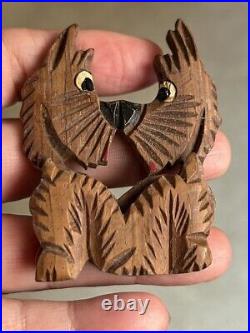 Vintage Pair Whimsical Surprised Scottie Terrier Dog Figural Carved Wood Brooch