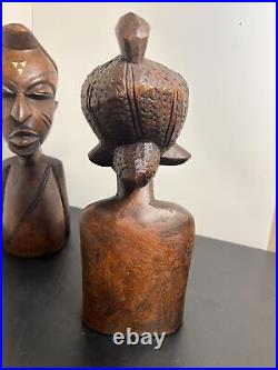 Vintage Pair Wooden Man Woman Tribal African Inlaid Wood Carved Bust 14