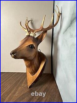 Vintage Pair of 2 Hand Carved Wood Deer Head Wall Decor Hanging Art Carvings 11