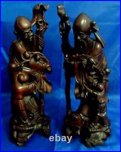 Vintage Pair of Carved Wood Chinese Asian Old Wise Men 12 Figurines Statues