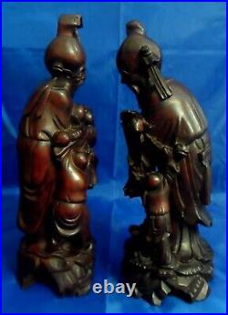 Vintage Pair of Carved Wood Chinese Asian Old Wise Men 12 Figurines Statues