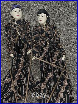 Vintage Wayang Golek Wood Carved Indonesian Marionette Pair Puppet Figurine Doll