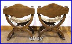 Vintage pair of Danish carved x frame occasional hall chairs
