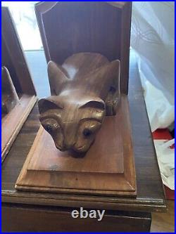 Vintage solid teak wood pair Cat Bookend With Glass Eyes