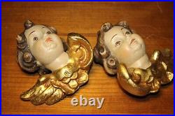 Vtg 5.2 Pair Wood Hand Carved Angel Putto Cherbu Head Statue Wall Figure Gift