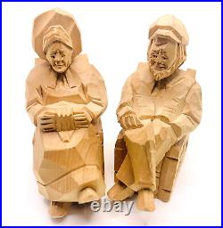 Vtg Quebec Wood Carving Old Couple Love Valentines Sculpture Signed Peltier