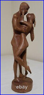 Vtg Wood Carved Lovers Embrace Statue Art Sculpture Nude Couple Kissing 20 Tall