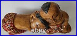 Wood Carved Asian Couple Jeweled Buddha