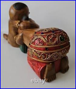 Wood Carved Asian Couple Jeweled Buddha
