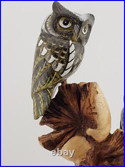 Wood Carved Owl Couple Bird Sculpture