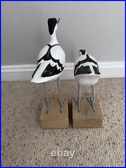 Wooden Artisan Hand Carved & Painted Pair of Avocet Birds on Stands
