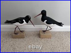 Wooden Artisan Hand Carved & Painted Pair of Oyster Catcher Birds on Stands