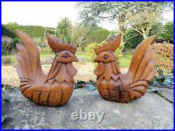 Wooden Chicken Carvings Pair of Hand Carved Cockerels