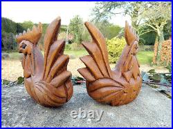 Wooden Chicken Carvings Pair of Hand Carved Cockerels
